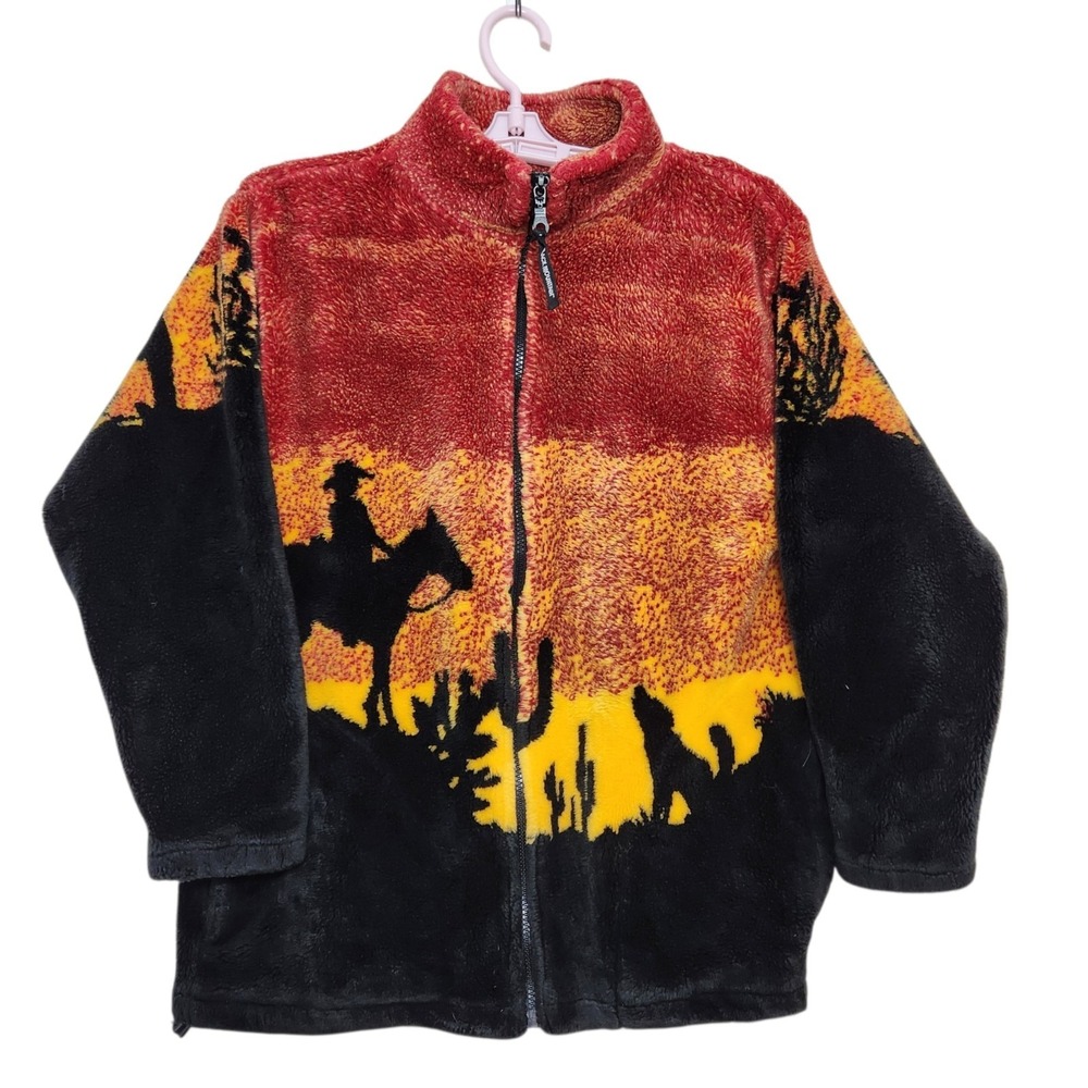 Vintage Black Mountain Size Small Zip Up Cowboy Wolves Sunrise Fleece Jacket AOP